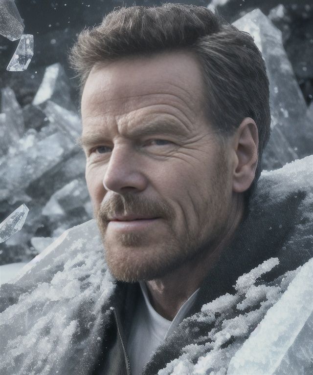 ultra detailed 8k cg, vintage photograph, 1boy,bryancranston,age up,white hair and beard,solo, upper body, detailed background, detailed face, dark red winter warrior, (glowing eyes:1.05), stoic expression, dynamic pose, (crystalline ice armor:1.05), surrounded by magical glow, floating ice shards, icicles, windy background, frozen natural landscape in background epic atmosphere <lora:bryancranston:0.9>