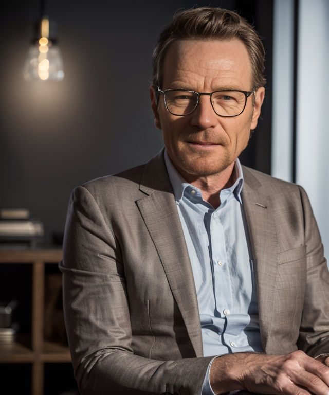 (A medium photo of  bryan cranston,age up,old,grey hair),wearing(brown suit,glasses),crossed legs,grey background, (masterpiece:1.2) (photorealistic:1.2) (bokeh) (best quality) (detailed skin) (intricate) (8k) (HDR) (cinematic lighting) (sharp focus) (Clutter-Home:1.2),<lora:bryancranston:0.9>