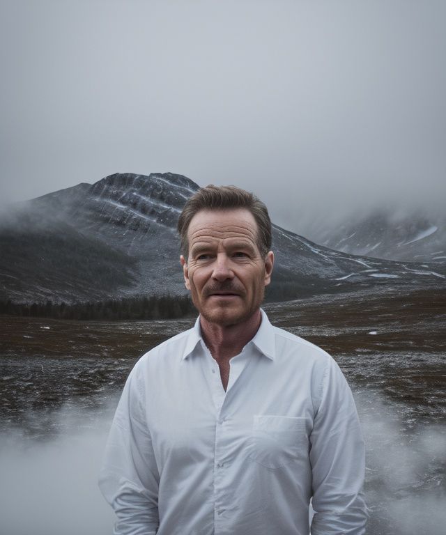 (Masterpiece Photo:1.3) of (Ultra detailed:1.3) (8k, RAW photo, highest quality),1man,age up,bryancranston,(wearing white shirt),standing in the Norwegian mountains, (misty mountains), (detailed eyes:0.8), (looking at the camera:1.4), (highest quality), (best shadow), intricate details, interior, muted colors, freckles,Highly Detailed,naturalism,land Art,regionalism <lora:bryancranston:0.9>