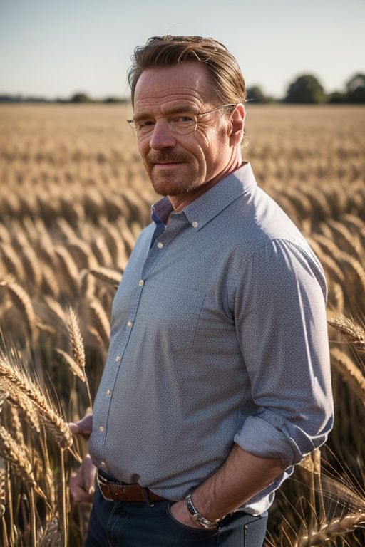 (A medium photo of  bryancranston,age up,alternate hairstyle),(A medium photo of  middle-aged man dressed as a farmer),standing in a wheat field, (masterpiece:1.2) (photorealistic:1.2) (bokeh) (best quality) (detailed skin) (intricate) (8k) (HDR) (cinematic lighting) (sharp focus) (Clutter-Home:1.2),<lora:bryancranston:0.9>