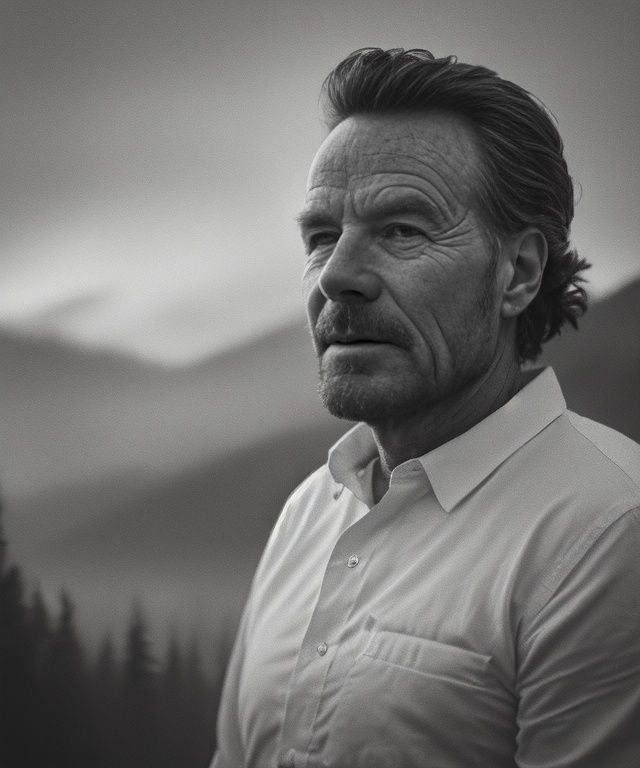 (Masterpiece Photo:1.3) of (Ultra detailed:1.3) (8k, RAW photo, highest quality),1man,age up,bryancranston,(wearing white shirt),standing in the Norwegian mountains, (misty mountains), (detailed eyes:0.8), (looking at the camera:1.4), (highest quality), (best shadow), intricate details, interior,dark studio, muted colors, freckles,Highly Detailed,naturalism,land Art,regionalism <lora:bryancranston:0.9>
