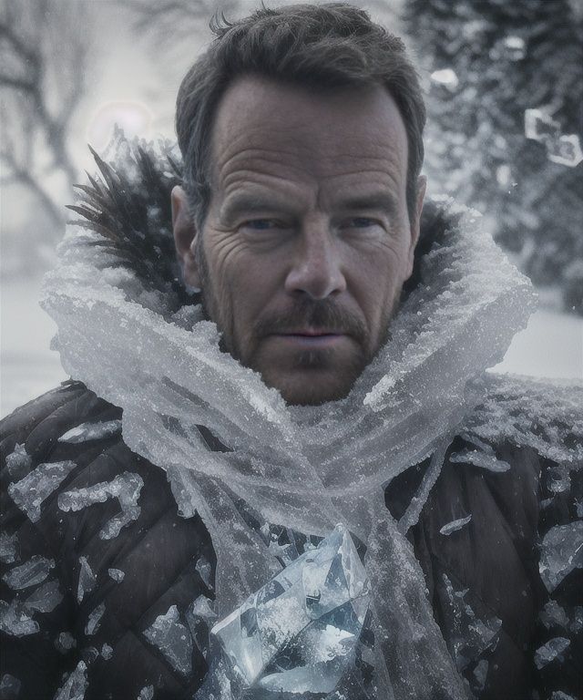 ultra detailed 8k cg, vintage photograph, 1boy,bryancranston,age up,solo, upper body, detailed background, detailed face, dark red winter warrior, (glowing eyes:1.05), stoic expression, dynamic pose, (crystalline ice armor:1.05), surrounded by magical glow, floating ice shards, icicles, windy background, frozen natural landscape in background epic atmosphere <lora:bryancranston:0.9>