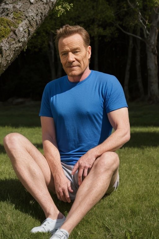 (realistic:1.2),masterpiece, best quality,A medium photo of bryancranston,wearing(blue t-shirt),1boy,age up,sitting under tree,grass,8k,HUD<lora:bryancranston:1>