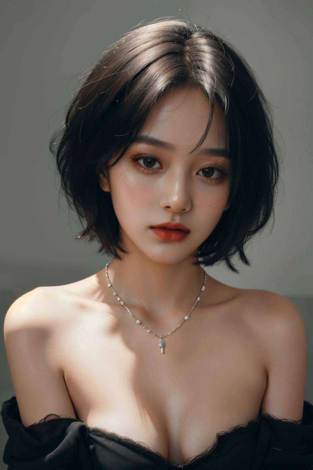 fashion photography portrait of 1girl,  offshoulder,  fluffy short hair on Tensor.Art