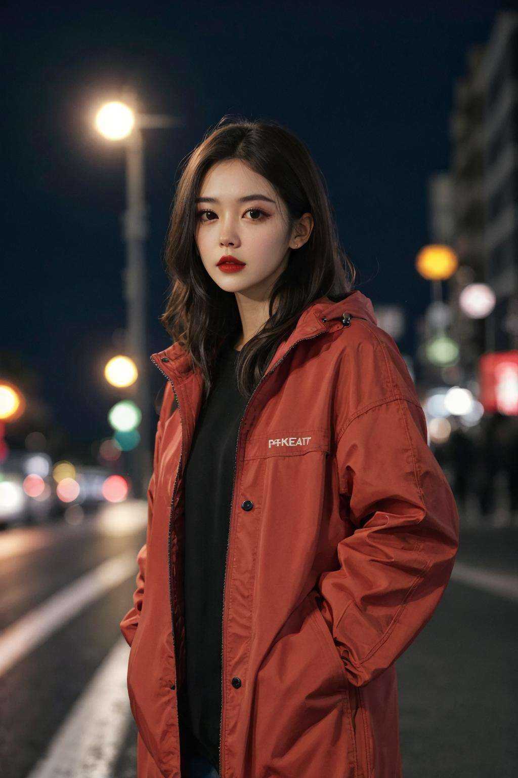 a woman standing on the side of a road at night,  1girl,  long hair on Tensor.Art