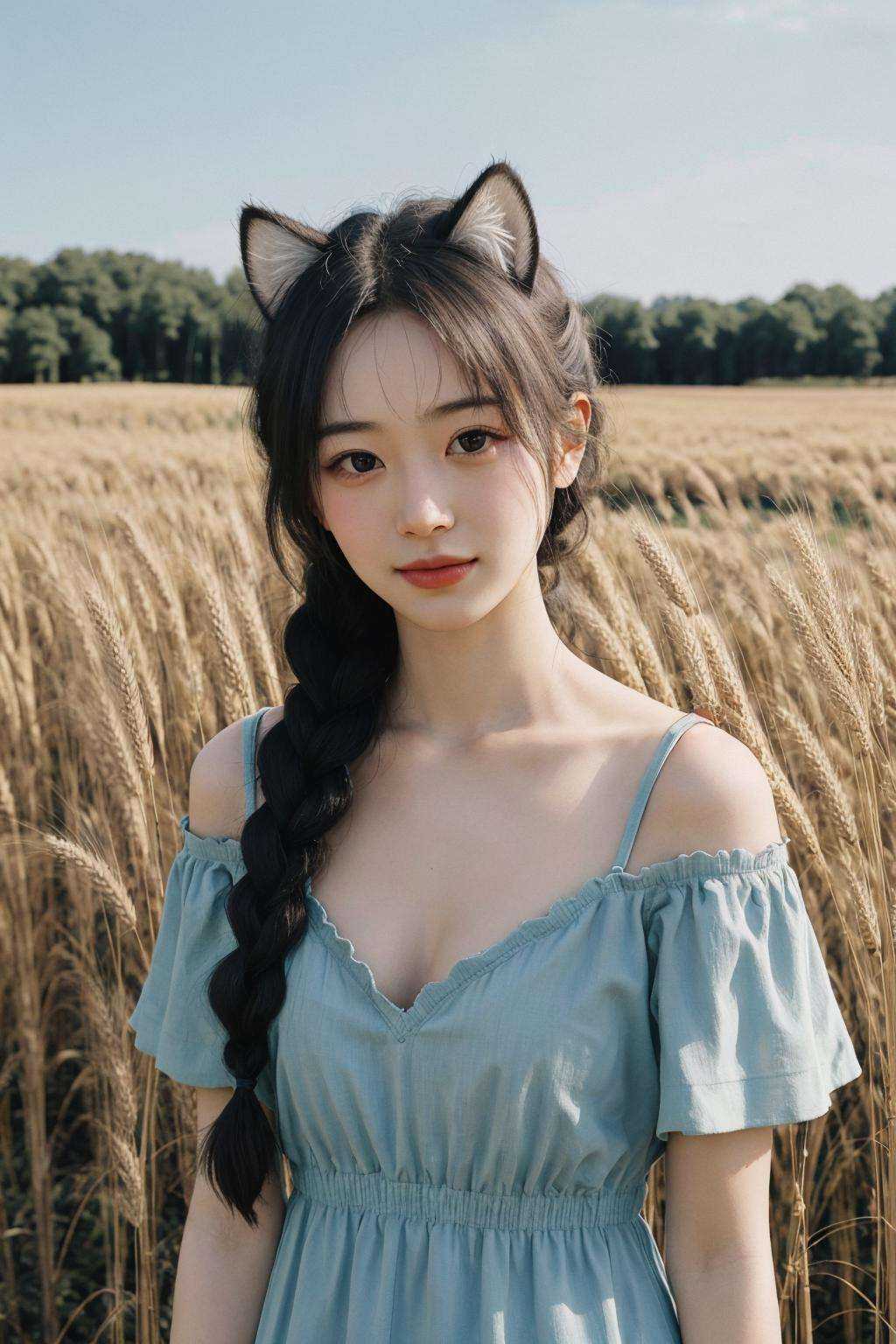 young 1girl with braided hair and fluffy cat ears,  dressed in Off-Shoulder Sundress,  standing in a rustic farm setting....