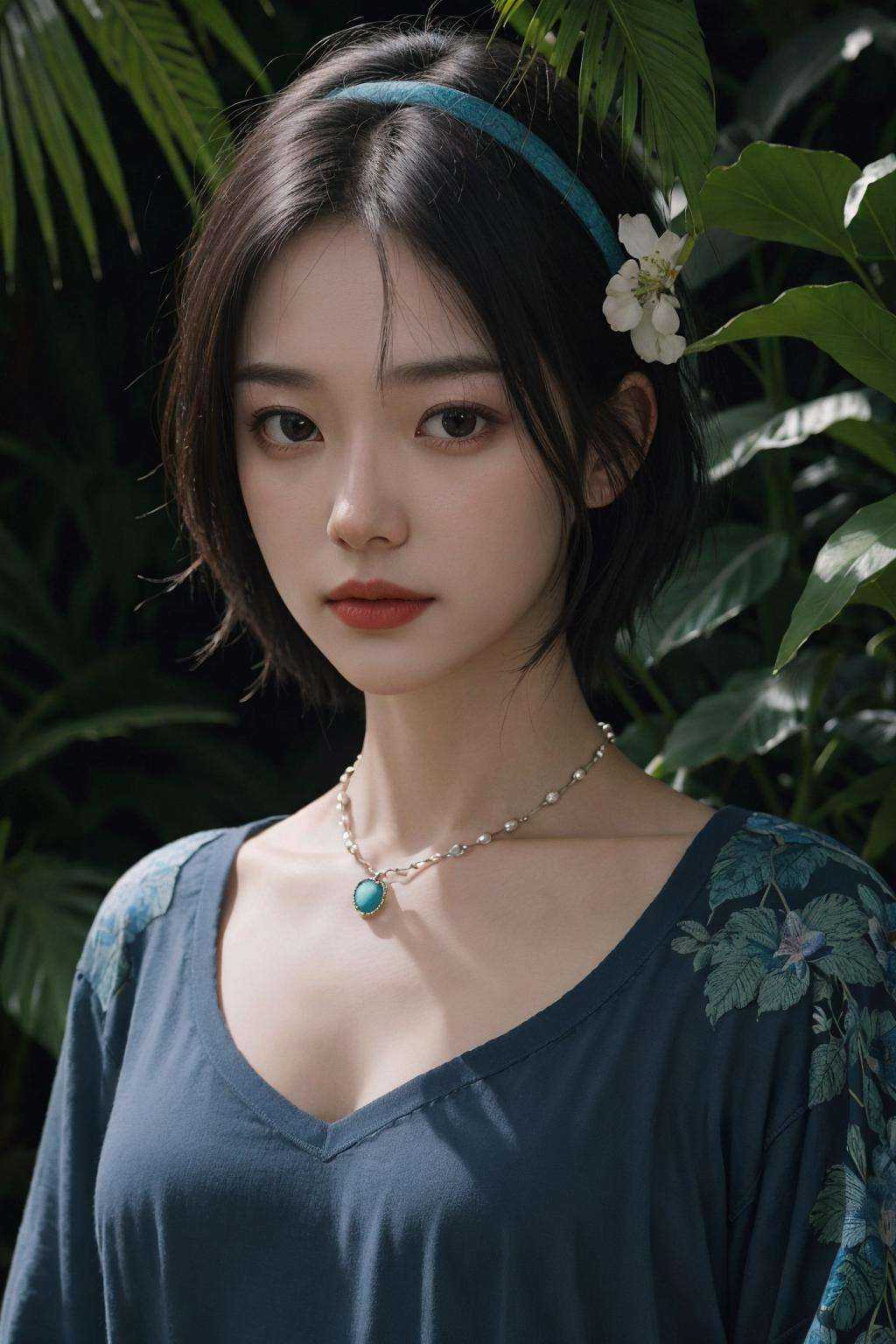 fashion photography portrait of woman avatar,  1girl in blue lush Alien Rainforest with flowers and birds,  fantasy on Ten...