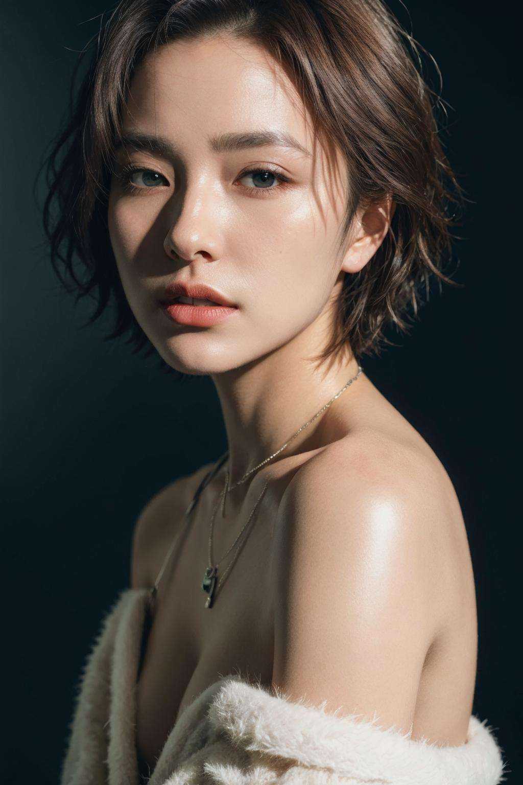 fashion photography portrait of 1girl,  offshoulder,  fluffy short hair on Tensor.Art
