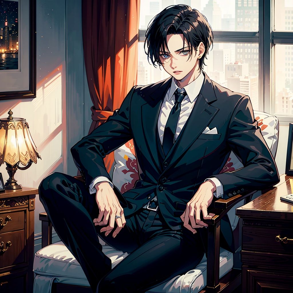 <lora:47358:1>,chrollo lucilfer,jewelry,formal,black suit,collared shirt,black necktie,black pants,Sitting in the office:1.5,Luxury decoration:1.4,