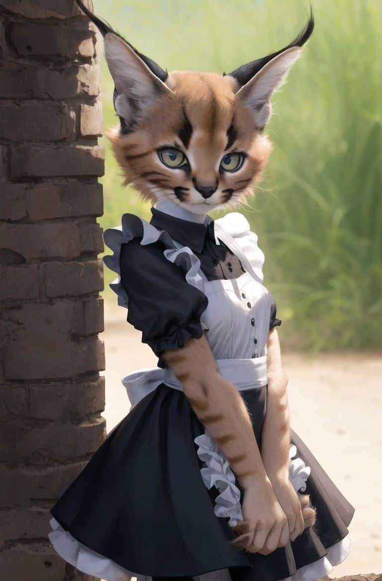 masterpiece, best quality,1girl,furry,cowboy shotcaracal,caracalcat,ningmao,kitten,adorable,maid dresss, looking at viewer,  <lora:Caracal:0.75>