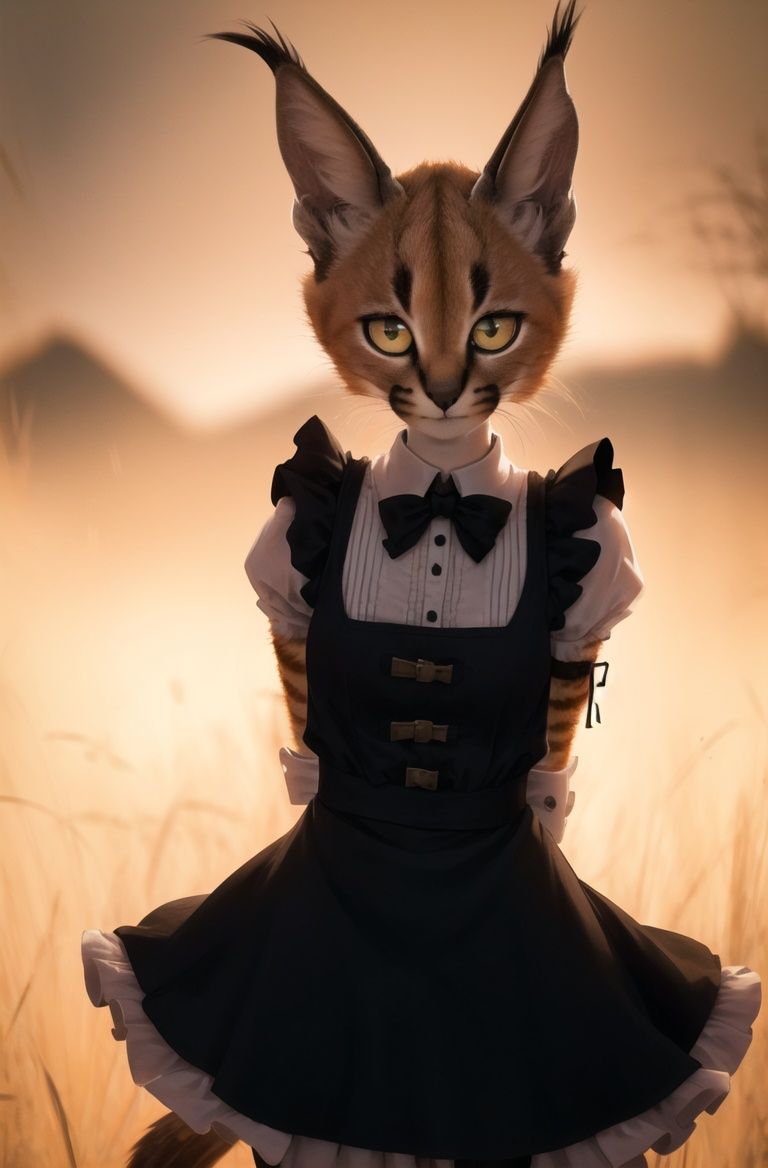 masterpiece, best quality,1girl,furry,cowboy shotcaracal,caracalcat,ningmao,kitten,adorable,maid dresss,arms behind back, looking at viewer,  <lora:Caracal:0.9>