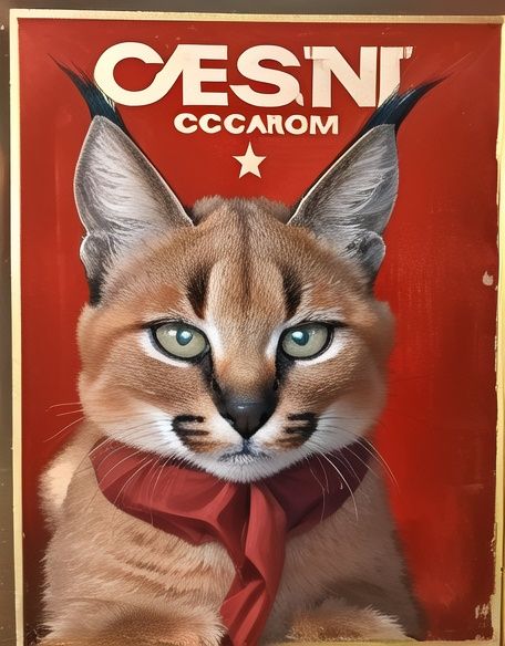 masterpiece, best quality,caracal,caracalcat,ningmao,kitten,red red neckerchief,Propaganda poster of communist ideology,sci-fic,oil painting,astronaut,