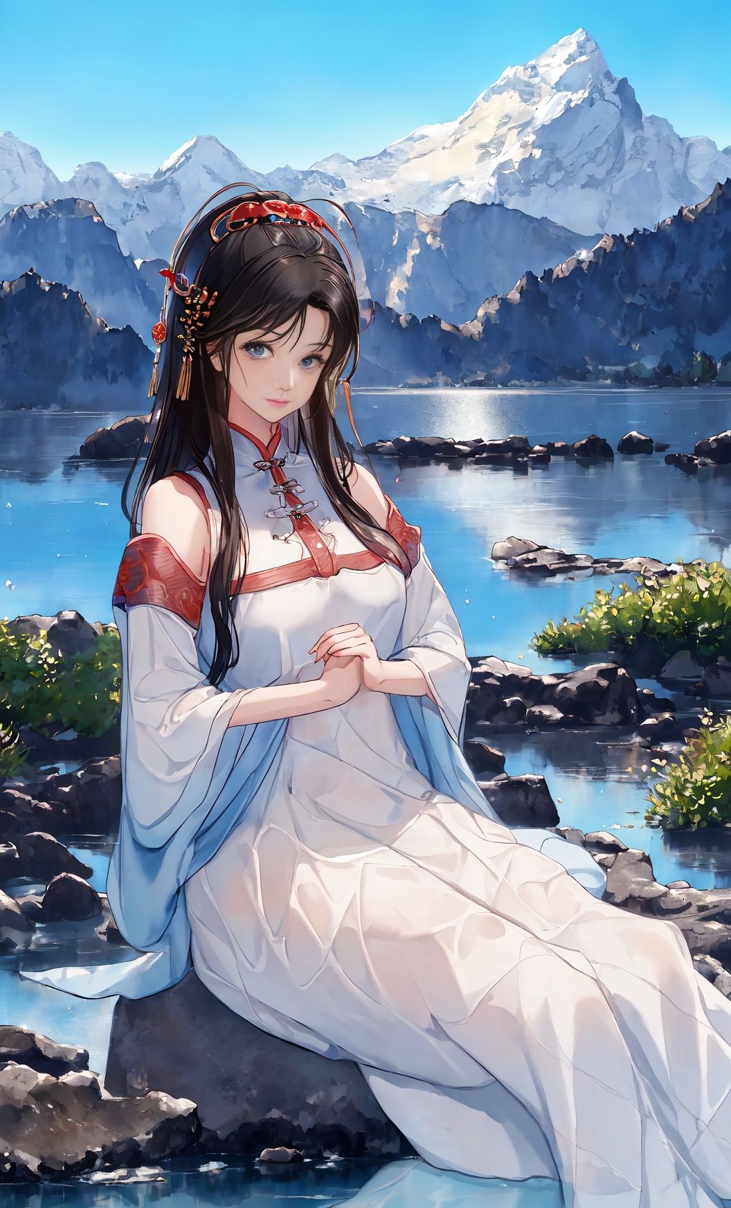 shukezouma,(illustration:1.1),(bestquality),(masterpiece:1.1),(panoramashot:1.3),(fullbody:1.25),(solo:1.2),highres, (inksplashing),(colorsplashing),(watercolor),mountainoushorizon, 1girlsitting,garden,bridge,river,reflection,bonian,ru_qun,hanfu,hanfugirl,whiteshirt,whiteskirt, lookingbehind,makehappyexpressions,softsmile,pure,beautyfulldetailedfaceandeyes,normalbreasts blackhair,blackeyes,