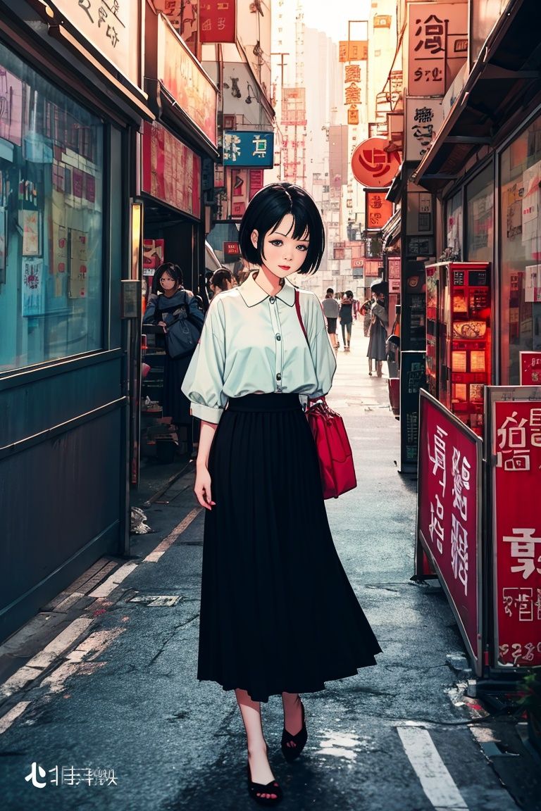 1girl,Long skirt, Short hair, hongkong, Street