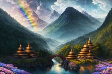 UHD, ccurate, super detail, high details, best quality, award winning, high quality，dense forest, Summer, A stupa is in the middle, (Colorful flowers:1.2), Rainbow,nohuman, Sunlight rays, Stone Bridge, Mountains，Rivers, The blue sky, Islands floating in the sky，<lora:add_detail:1> <lora:WD_beautyview01:1>