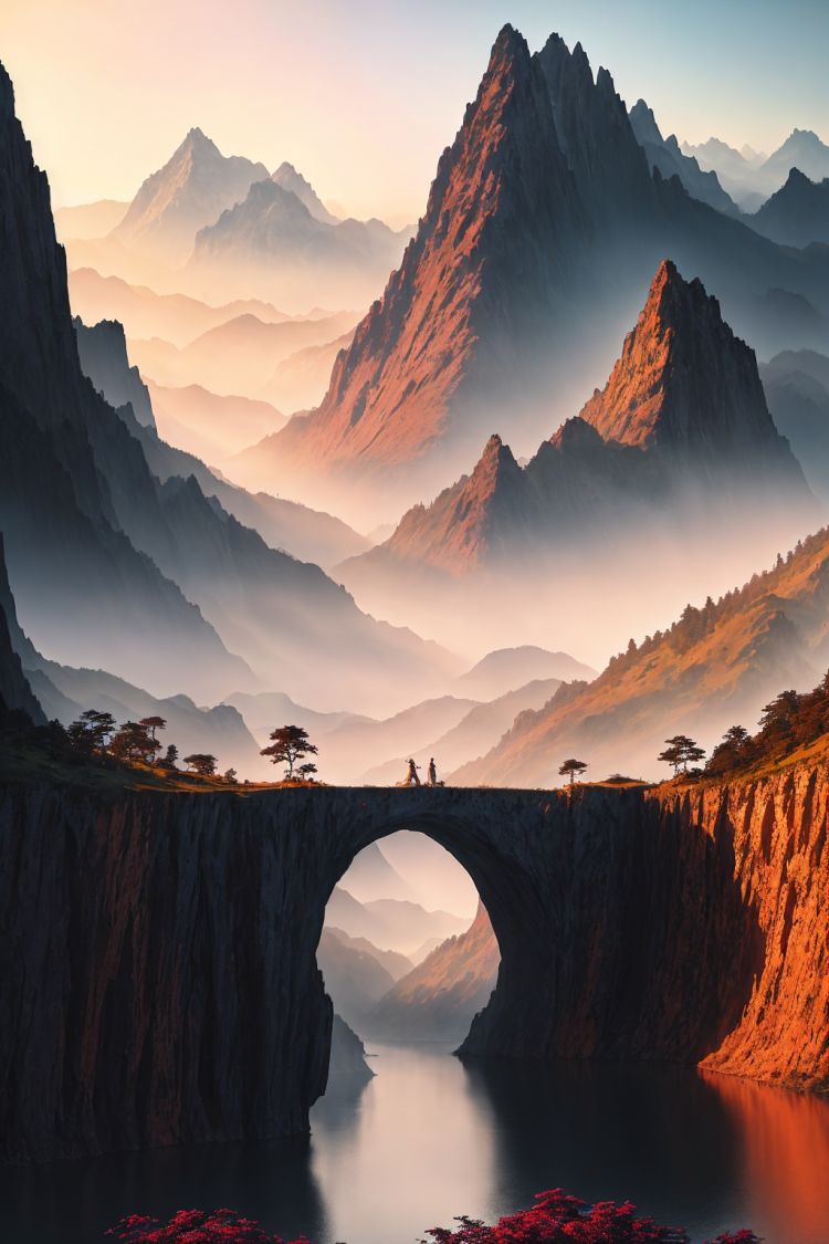 masterpiece, extremely detailed CG unity 8k wallpaper, scenery, outdoors, sky, day, no humans, mountain, landscape, water, (tree:1.2), blue sky, waterfall, cliff, nature, Mountain mist, (sunset:1.2), stone bridge on the hill, lake, river, award winning photography, HDR, extremely detailed, trending on artstation, (light_rays:1.2),(Plants cover mountains:1.2),strending on CGsociety, Intricate, dramatic, motion blur, depth of field, cinematic lighting, chiaroscuro, ray tracing, Bokeh, Depth of Field, bloom, Chromatic Aberration, Photorealistic, High Detail, award winning, best quality, best quality, high quality , <lora:VIEW_02:1>