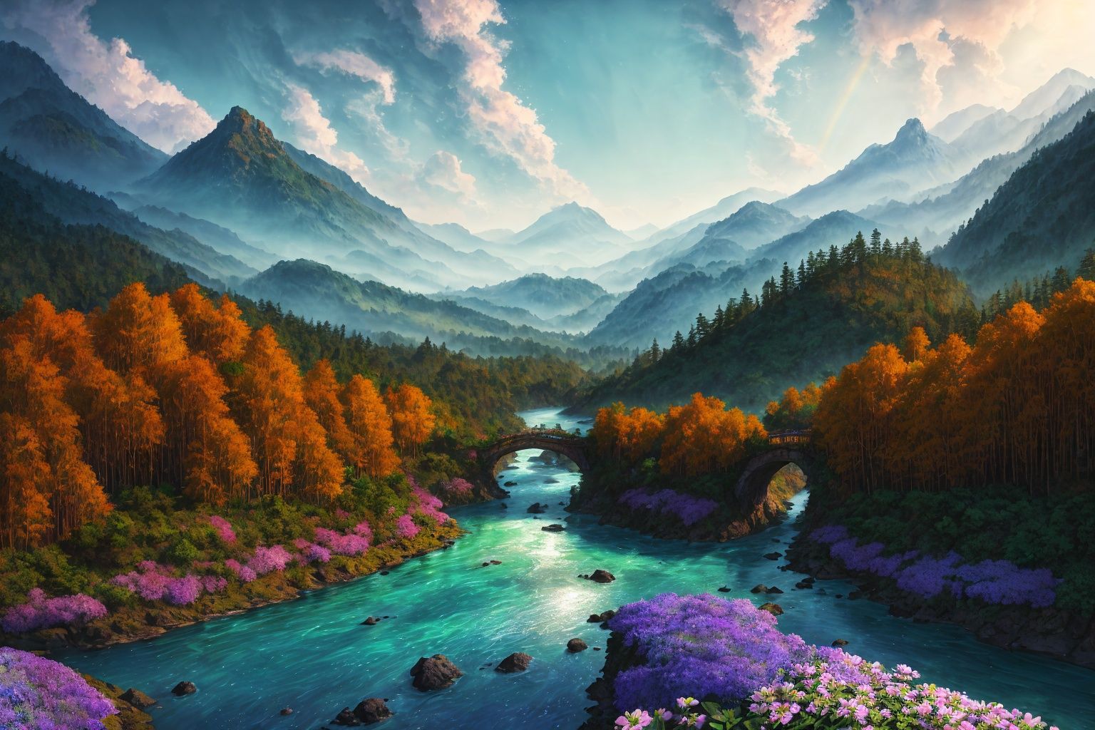 UHD, ccurate, super detail, high details, best quality, award winning, high quality，dense forest, Summer, Green leaves, (Colorful flowers:1.2), Rainbow, Sunlight rays, Stone Bridge, Mountains，Rivers, The blue sky, Islands floating in the sky，<lora:add_detail:1> <lora:WD_beautyview01:1>