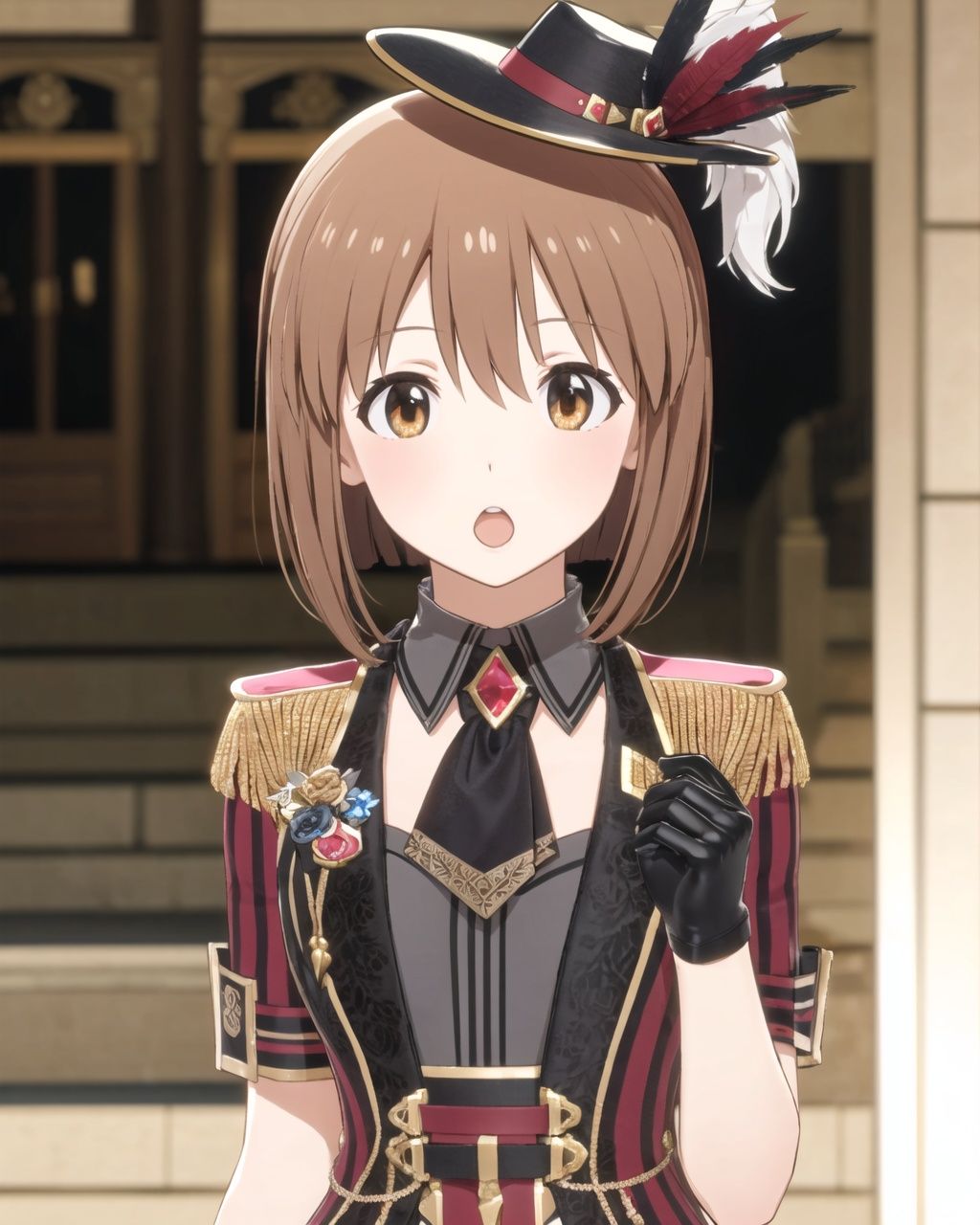 1girl, hagiwara yukiho, solo, hat, brown hair, gloves, brown eyes, open mouth, black gloves, bob cut, looking at viewer, short hair, :o, upper body, hat feather, feathers, epaulettes,<lora:StarlitSeason_style-000004:0.6>