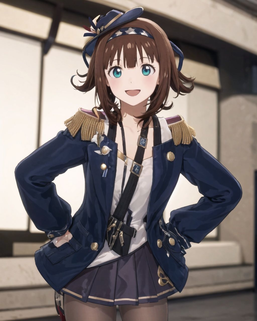 1girl, amami haruka, hat, solo, brown hair, gloves, smile, short hair, green eyes, open mouth, looking at viewer, hand on hip, black gloves, ;d, hat feather, ribbon, skirt, flower, jewelry, epaulettes, striped,<lora:StarlitSeason_style:0.5>,  <lora:HuTaoLawson:1>, hutaolawson, shoulder bag, boo tao \(genshin impact\), ghost, 