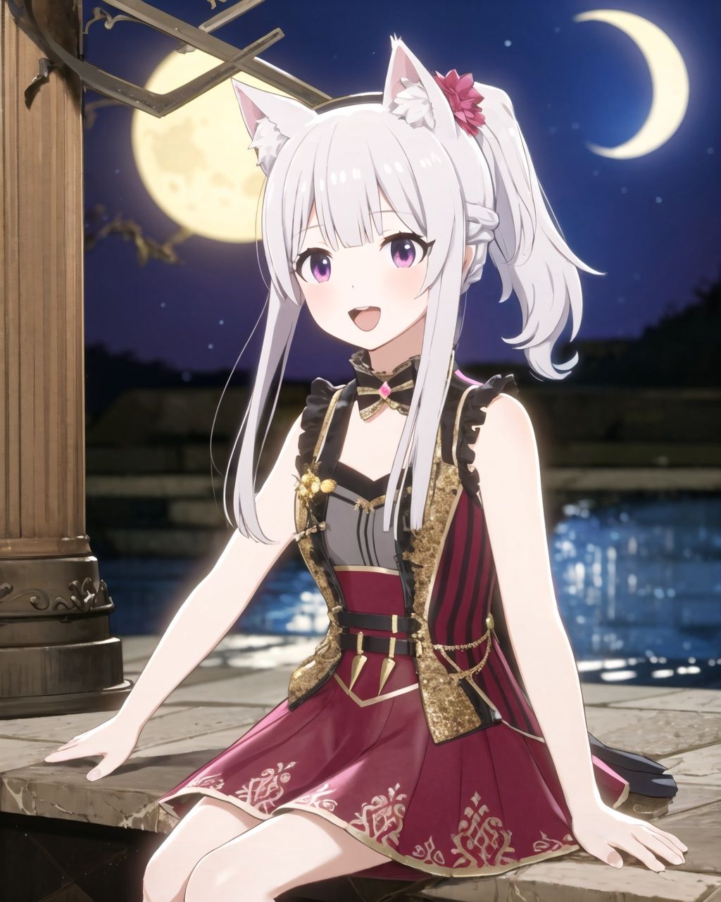 masterpiece, best quality, petite, female child, loli, solo, long hair, animal ears, solo, dress, flower, white hair, heart, looking at viewer, spoken heart, open mouth, bird, purple eyes, ponytail, bare shoulders, very long hair, bangs, bare arms, water, hair ornament, blush, pink dress, sitting, night, outdoors, sleeveless, pink flower, animal ear fluff, hair between eyes, moon, short dress, pink eyes, sleeveless dress, hair flower, see-through, cat ears, smile,<lora:StarlitSeason_style-000004:0.8>