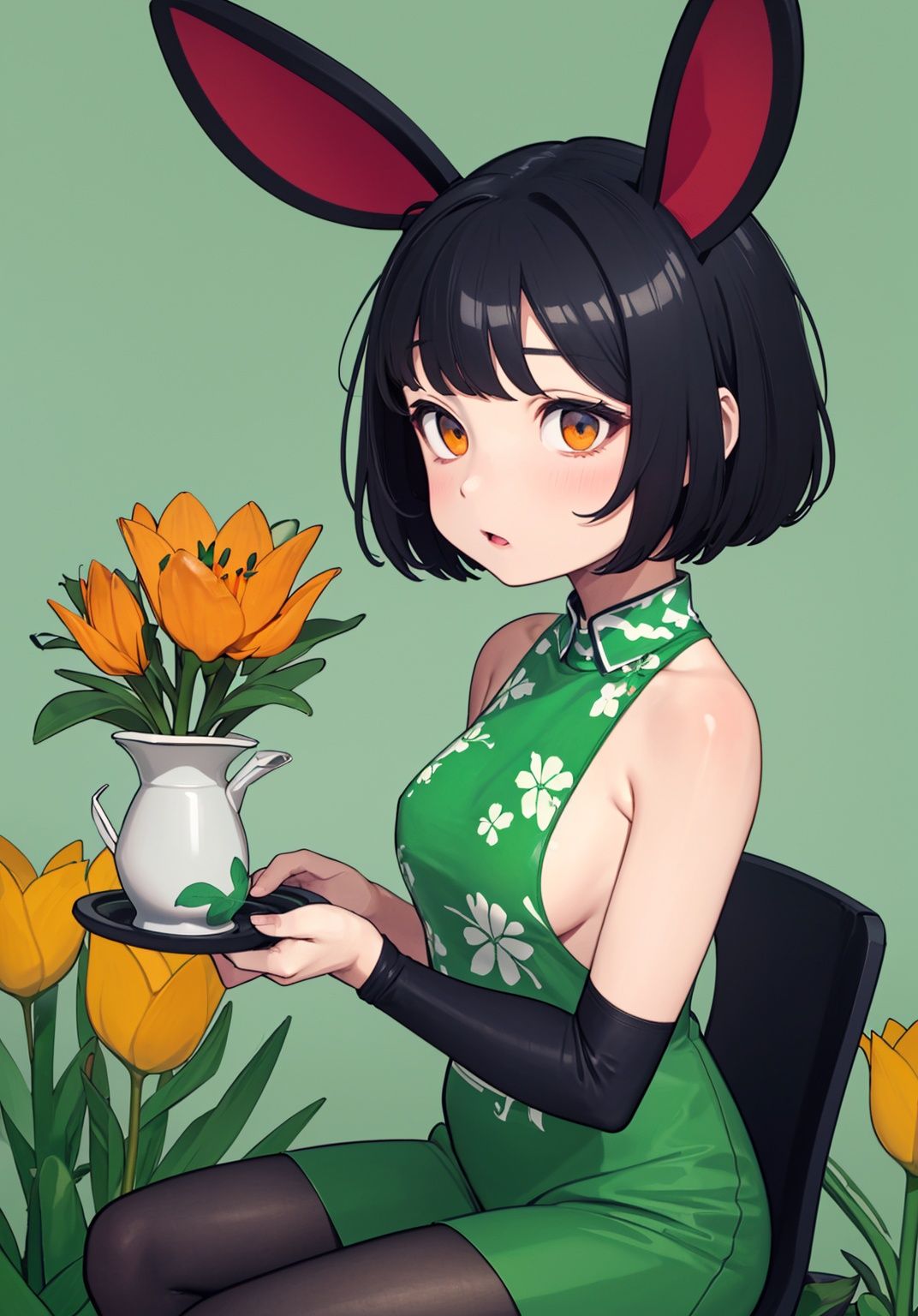 1girl, bamboo, ivy, leaf, palm_tree, plant, potted_plant, tanabata, tanzaku, vines, flower_pot, palm_leaf, branch, solo, vegetable, carrot, cactus, morning_glory, lily_\(flower\), rabbit_ears, breasts, short_hair, vase, holding_vegetable, black_hair, watering_can, lily_pad, tulip, small_breasts, four-leaf_clover, animal_ears, grass, lily_of_the_valley, bare_shoulders, seaweed, sitting, playboy_bunny, pantyhose, fake_animal_ears, spring_onion, looking_at_viewer, bangs, white_background, <lora:cute-animev1:0.8>