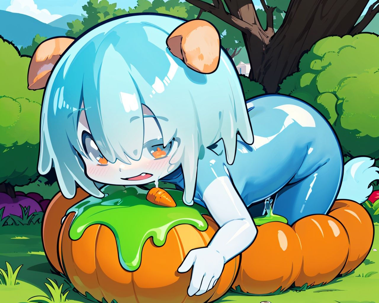 (sticky mellow slime musume:1.5) , (cyan skin:1.5) , (sticky mellow slime musume:1.5) , (cyan skin:1.5) ,liquid, many wet, masterpiece, best quality,((solo)), (cyan skin:1.3) , young girl ,melt girl, A cyan slime girl, (vegetable dog:1.5) ,dog tirl, on the ground , (((cyan |cyan |cyan |white | white |red )short )) , (cyan short:1.3),cyan slime face, (happy) ,(blush:1.15) , colored skin, monster girl, cyan skin , cyan eyes, short hair , cyan hair , (fringe:1.2), (bangs:1.35) , shiny hair, large breasts ,/////outdoors, (farmland) ,sunny , (vegetable pile ,/broccoli ,/carrot , /tomato ,/pumpkin) ,farm , (log cabin) , tree, tree, stone , stone , grass , <lora:danniashe-#r.768,768#d.256#a.256#l.1#u.1#t.1#s.cosine#e.:0.2:bodys>