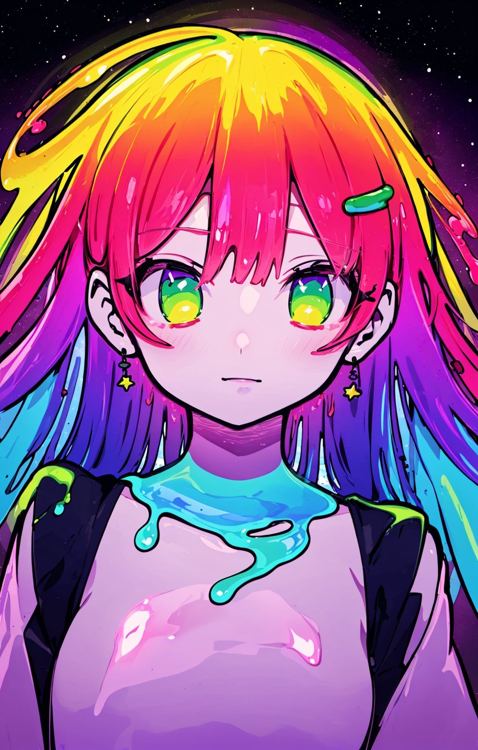 (sticky mellow slime musume:1.5), (glowing rainbow skin:1.5), (sticky mellow slime musume:1.5), (glowing rainbow skin:1.5),ethereal, mystical, otherworldly, ((solo)), (nebula, galaxy, stars:1.3), celestial girl,A rainbow glowing slime girl,(contemplative expression),colored skin, monster girl, glowing rainbow skin, long rainbow hair, (star hairclip:1.2), (crescent moon hairclip:1.2),celestial motifs, (flowing rainbow dress:1.2), celestial robes/////(surrounded by celestial bodies in space:1.1), (interstellar space:1.1), (wormholes and cosmic strings visible in the distance:1.2)