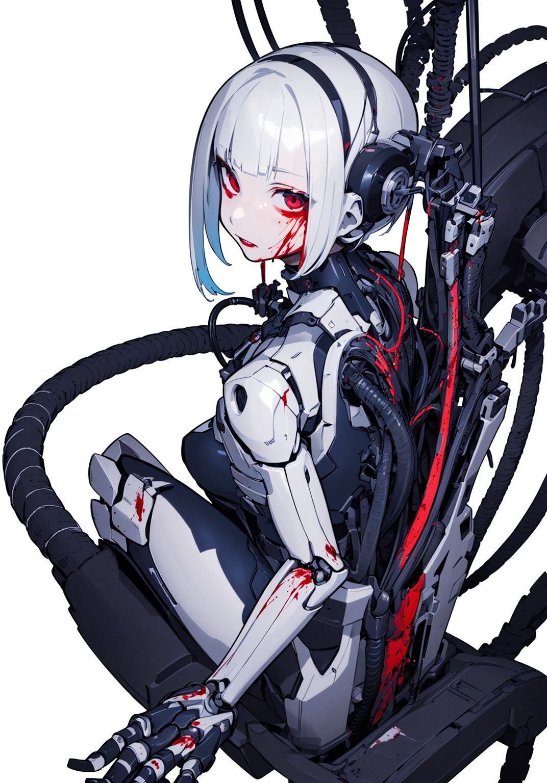 (masterpiece, top quality, best quality, official art, beautiful and aesthetic:1.2), (1girl:1.3), extreme detailed,colorful,highest detailed ((ultra-detailed)), (highly detailed CG illustration), ((an extremely delicate and beautiful)),cinematic light,((1mechanical girl)),solo,full body,(machine made joints:1.2),((machanical limbs)),(blood vessels connected to tubes),(mechanical vertebra attaching to back),((mechanical cervial attaching to neck)),(sitting),expressionless,(wires and cables attaching to neck:1.2),(wires and cables on head:1.2)(character focus),science fiction,white background,(blood:1.5)