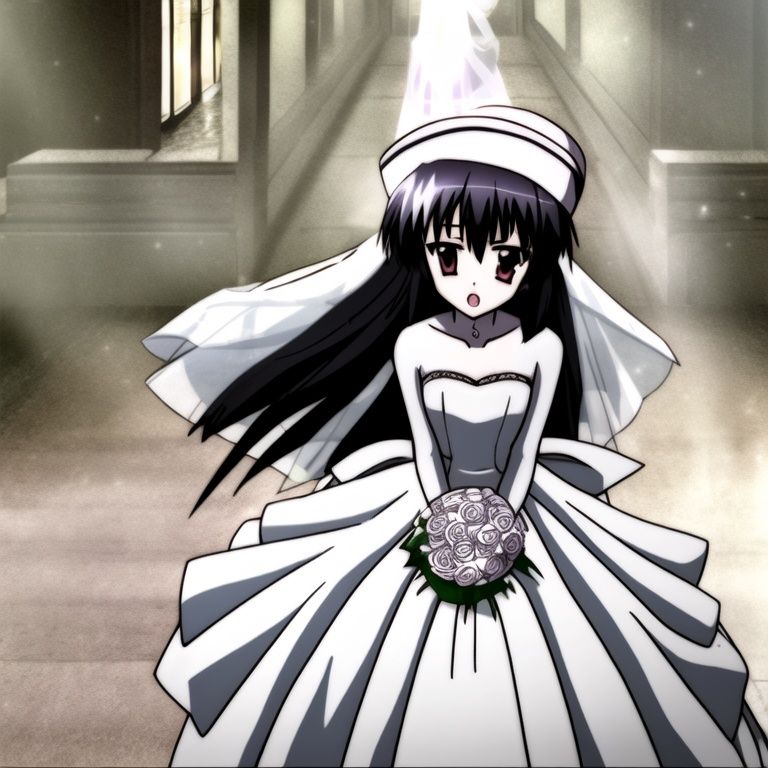 1Girl,Solo,(((wedding_dress))),Long_ Hair,Open_ South,Black_ Hair,Long_ Sleeps,Hat,Ribon,: o,Building