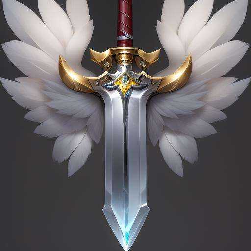 (masterpiece, top quality, best quality, official art, beautiful and aesthetic:1.2),(8k, best quality, masterpiece:1.2),huizhang, artist_name, feathered_wings, feathers, gem, glowing, gold_trim, gradient, gradient_background, grey_background, no_humans, signature, solo, white_wings, wings, simple_background, weapon, sword, english_text, reflection, fantasy, zoom_layer, still_life, <lora:huizhang2:1>