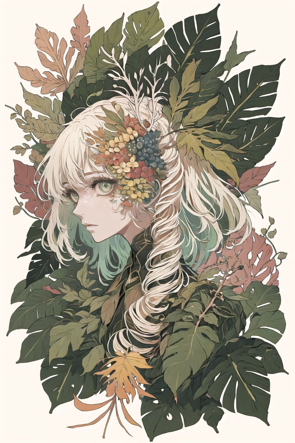 growth,leaf,tree branch on head,tree branch on body,branch, fractal,:1.2)DNA,spiral,, 1girl