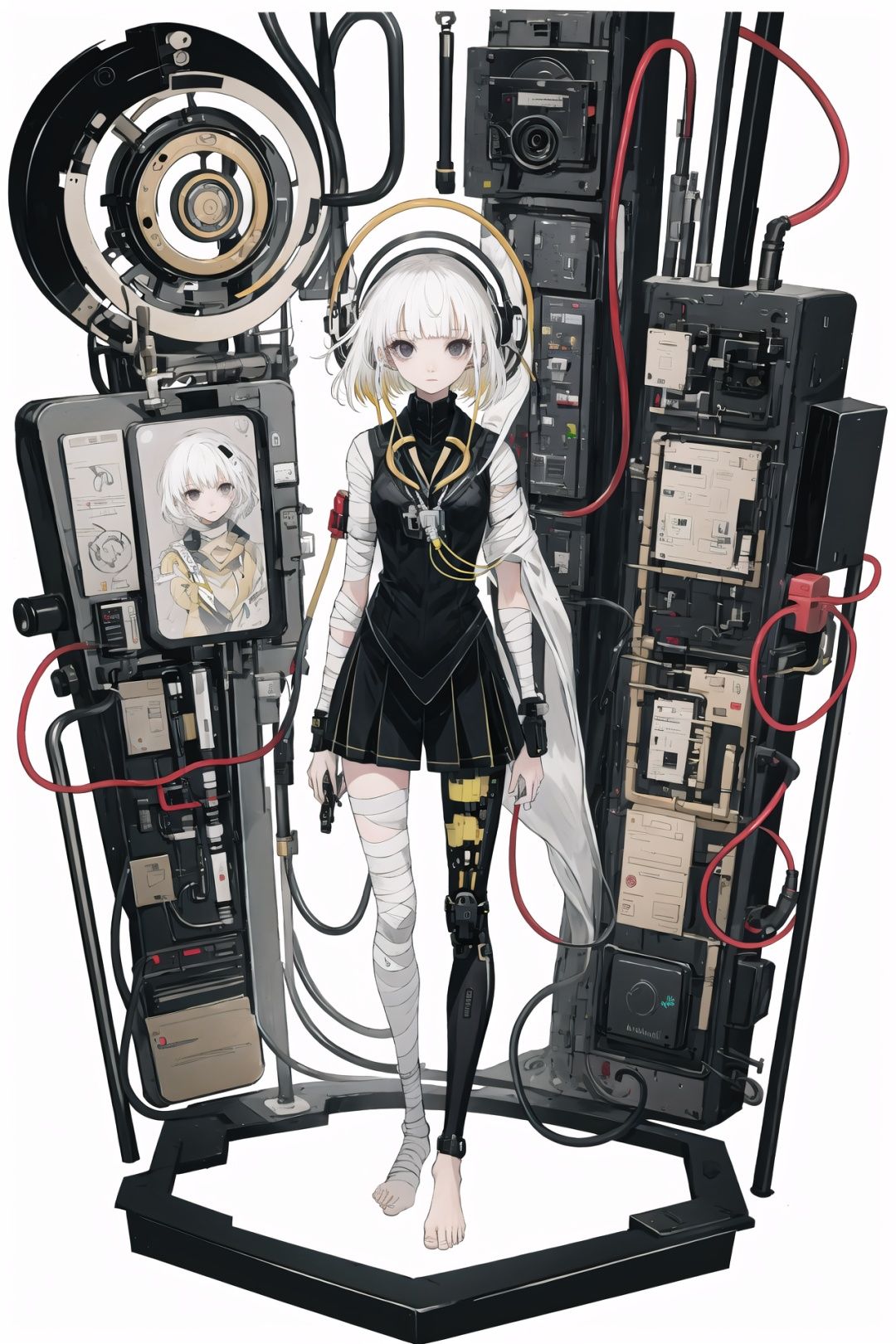 //[(white background:1.4)::5], (imid shot:0.95), (full body:1.25), Dynamic angle,(official art:1.2),//extremely delicate and beautiful,2d,depth of field,solo, a beautiful detailed girl, solo,//loli,little girl,(bandaged leg:1.2), barefoot,long hair,( short white hair,hair rings,:1.2),, blunt bangs, floating hair, (colored tips,colored inner hair,:1.2), black eyes, expressionless,earphones,cyborg bandaged leg,cyborg bodysuit,colorful mechanical tentacles,standing,//double exposure,visual impact,best quality,