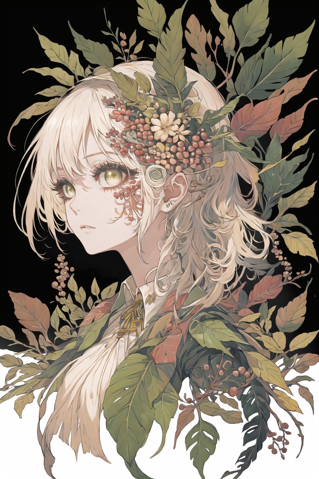 growth,leaf,tree branch on head,tree branch on body,branch, fractal,:1.2)DNA,spiral,, 1girl