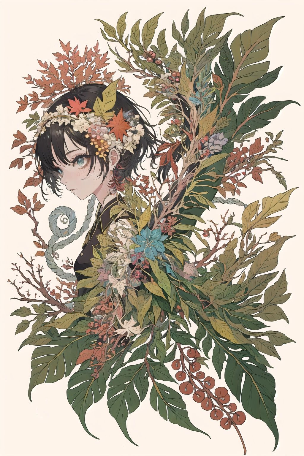 growth,leaf,tree branch on head,tree branch on body,branch, fractal,:1.2)DNA,spiral,, 1girl