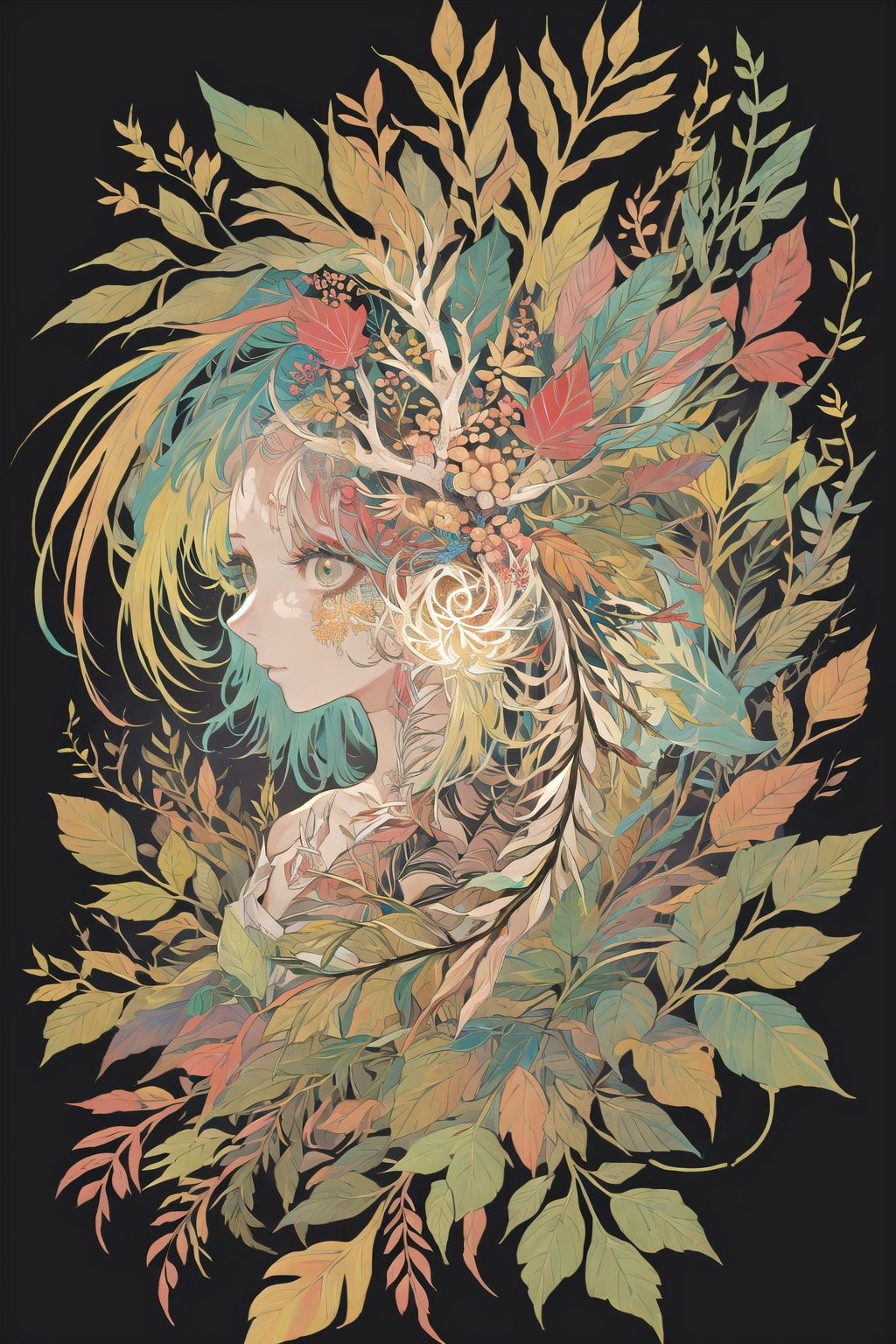 growth,leaf,tree branch on head,tree branch on body,branch, fractal,:1.2)DNA,spiral,, 1girl