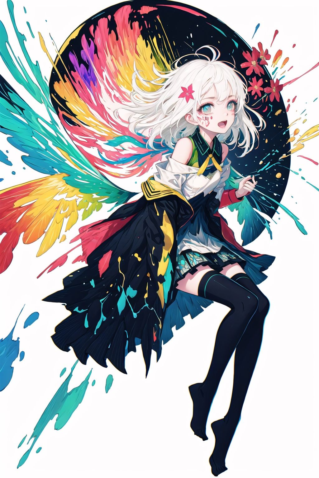 [(white background:1.7):10],(full body:1.25),Dynamic angle,[Bottle bottom],extremely delicate and beautiful,(fantasy),depth of field,amazing,masterpiece,solo,/////////////////////////////////////(glowing shiny skin), skinhalter dress, (((loli))), (super delicate), (illustration), (extremely delicate and beautiful), (dynamic angle), fluttered detailed ink splashes, (focus-on feet:1.1),(white thighhighs without shoes),no shoes,(small gold ornament), (beautiful detailed eyes), (glowing eyes),Ferocious eyes,open mouth,evil smile,(((knees up))),/////asdjiohdiqowdoqmsiax\\\\\\\\\\\\\(impasto),sketch,(CG),best illustration,portrait,official art,(Lake:1.2),(very long messy one side up),[((<hair with rainbow colored>):1.25) with ((white hair):1.05)],(splatter)/=((colorful ink splash wings):1.33),(colorful ink flowing:0.9),(broken glass:1.266),beautiful detailed glow,((chromatic aberration with strong rim light,glitch):1.105),/////(looking at viewer),depth of field, double exposure, tyndall effect, colorful refraction,visual impact,dynamic angle,best quality\\\\\\\\\asda\qwf\\\\\\\\\AI is **,super fucking cool,(flat color,vector graphics,outline):1.35),(paper cutting:1.2),beautiful detailed,(1girl:1.5),(solo),(full body:1.2),Side view,Lines of simple,ight,hair with body,webbed dress,(Elegant long hair:1.2),Delicate arms and hands,hair with flower,colorful wings,[(delicate face,delicate eyes)::0.15],[(Elegant long hair)::0.65],[[:((flower:1.2),flower leg,flower hands,body with flower,flowing hair,The body is covered with flowers):0.3]::0.6],([[((error),((glitch lump)on face),(glitch art:1.5),(Pixilation on face)///,Double exposure,(Chromatic Aberration),(Neon:1.2)):0.391]::0.95]),[(delicate face,delicate hands)::0.85],(masterpiece,best quality,extremely detailed CG ultra-detailed),Depth of field,ray tracing,((1girl,solo):1.2),an extremely deilcate and beautiful,detailed face,(detailed cute anime face:1.35),small breast,detailed body,beautiful detailed eyes,beautiful detailed glow,beautiful detailed eyes,Emerald eyes,Vertical pupil,ai is **,(((very long messy one side up:1.2),[((<hair with rainbow colored>):1.45) with ((white hair):1.25)])),(white short dress:1.4),(white off-shoulder jacket:1.3),detailed clothes,(colorful butterfly)/=(Metatron's Cube with ether),Splash color,((colorful splash wings):1.45),(Floating, high saturation, surrounded by colorful splashes, surrounded by colorful dot, colorful bubble, shining),((chromatic aberration with strong rim light):1.4),(glitch:1.4),