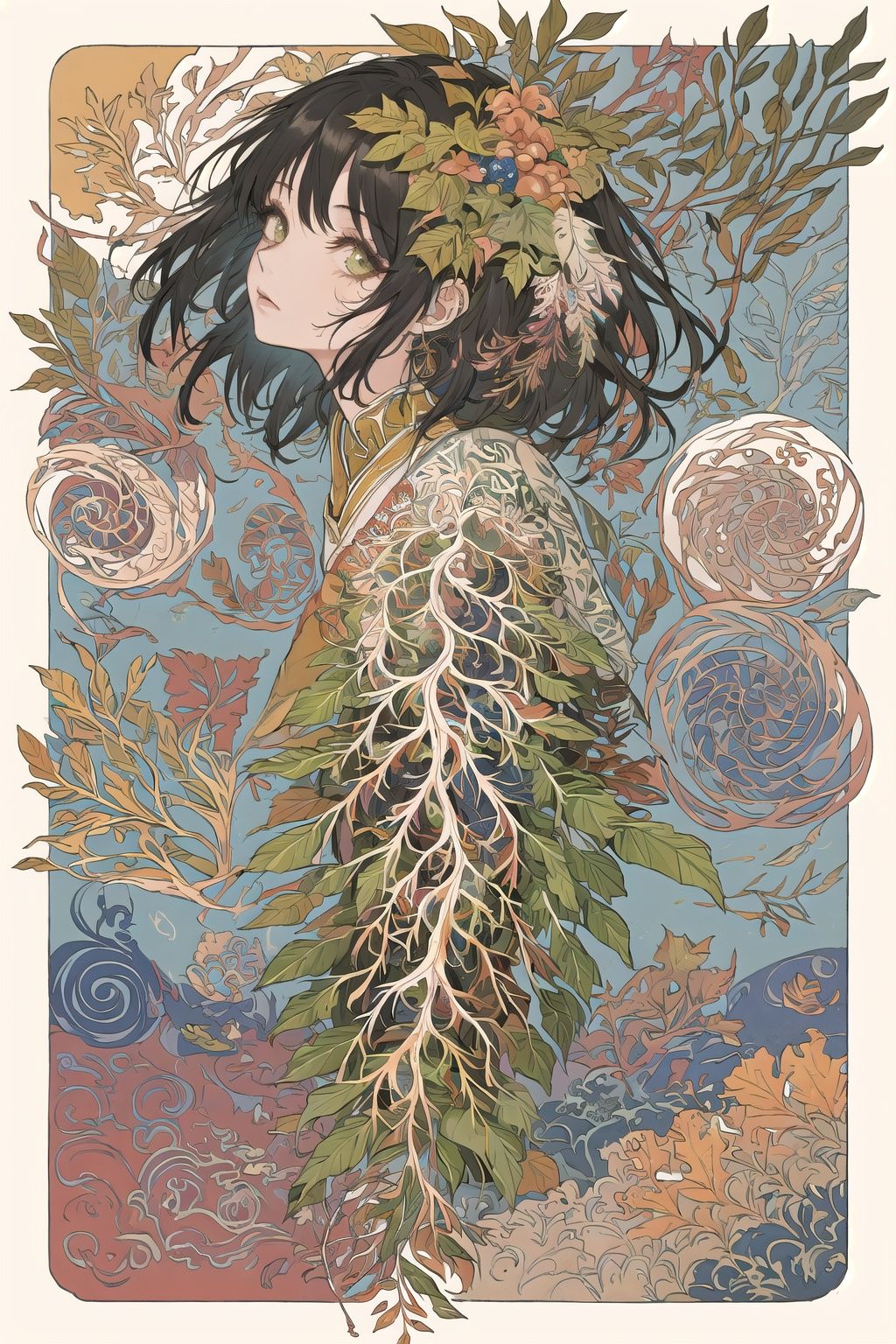 growth,leaf,tree branch on head,tree branch on body,branch, fractal,:1.2)DNA,spiral,, 1girl