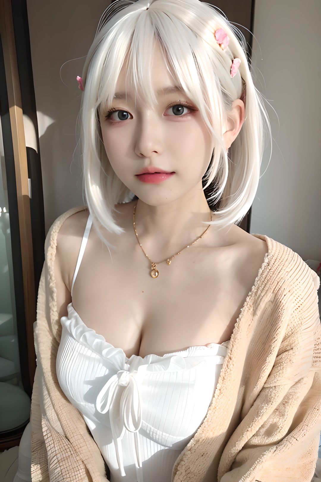 mix4, beautiful detailed girl, extremely detailed eyes and face, beautiful detailed eyes,1 girl,(White hair:1.5),hair accessories,(outdoor:1.3),Bustling city,necklace,<lora:daili_v20:0.8> <lora:cuteGirlMix4_v10:0.3> <lora:koreandolllikenessV20_v20:0.3>
