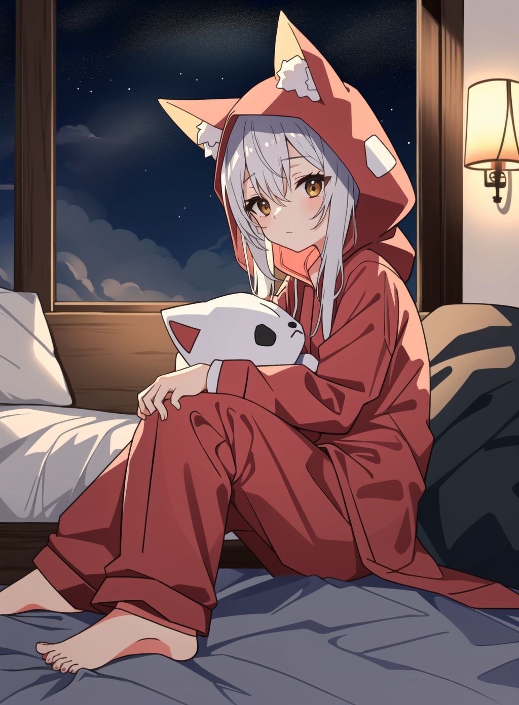 Loli, solo focus, full body, sitting, dynamic angle, white hair, flat chest, frilled, 3yo, brown hair, long hair, night, starry sky, dark, sleepy, want to sleep, animal ears hood, A young girl in pajamas holding a large stuffed animal, with a shy expression on her face, in a bedroom setting, The composition should exude a blend of sensuality and innocence, The background should be visually captivating，