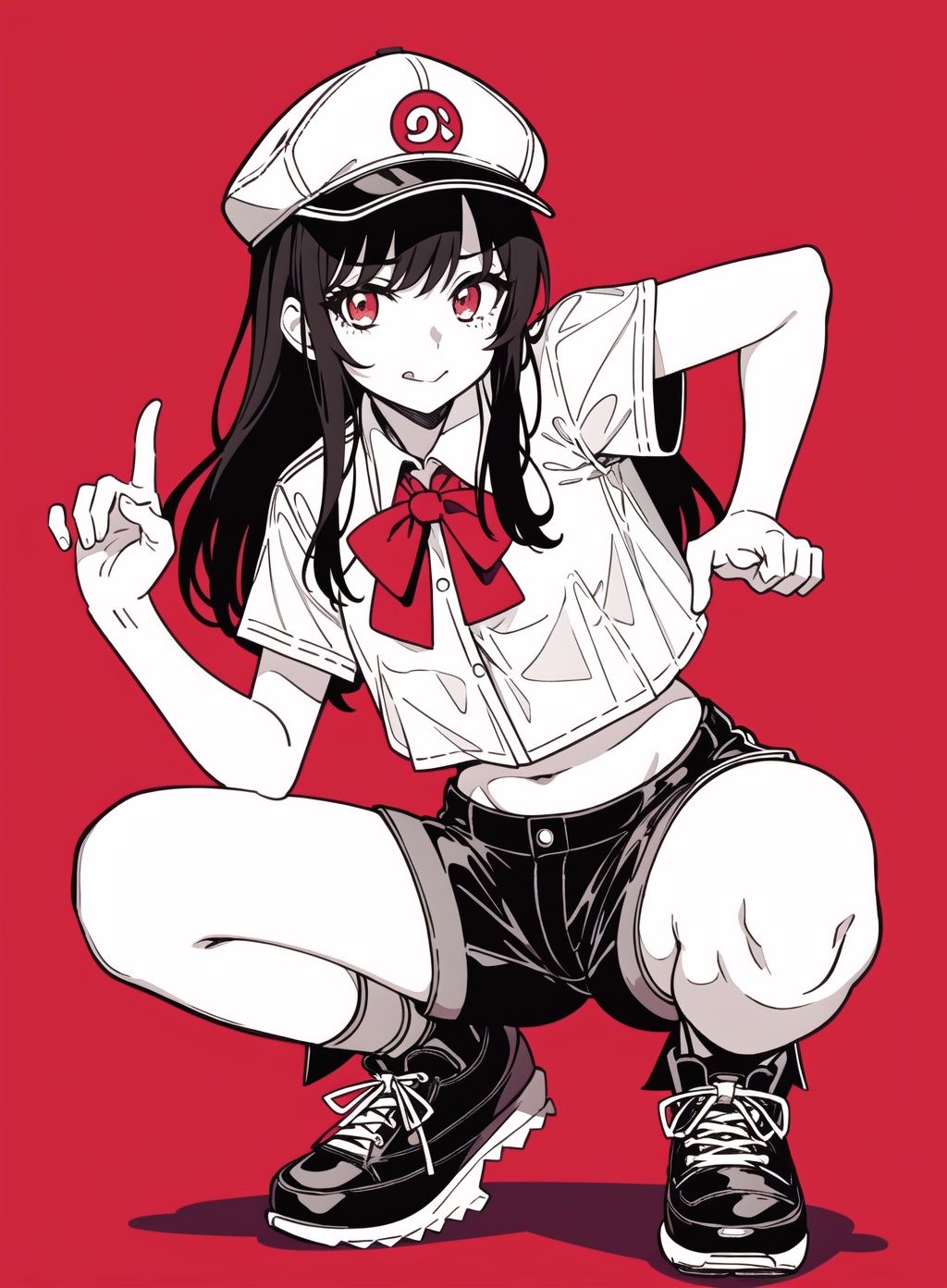 Monochrome, red background, a girl, duck tongue cap, navel exposed outfit, hot pants, hippie style, rock, squat, bow, Winner gesture, (from front: 1.3),