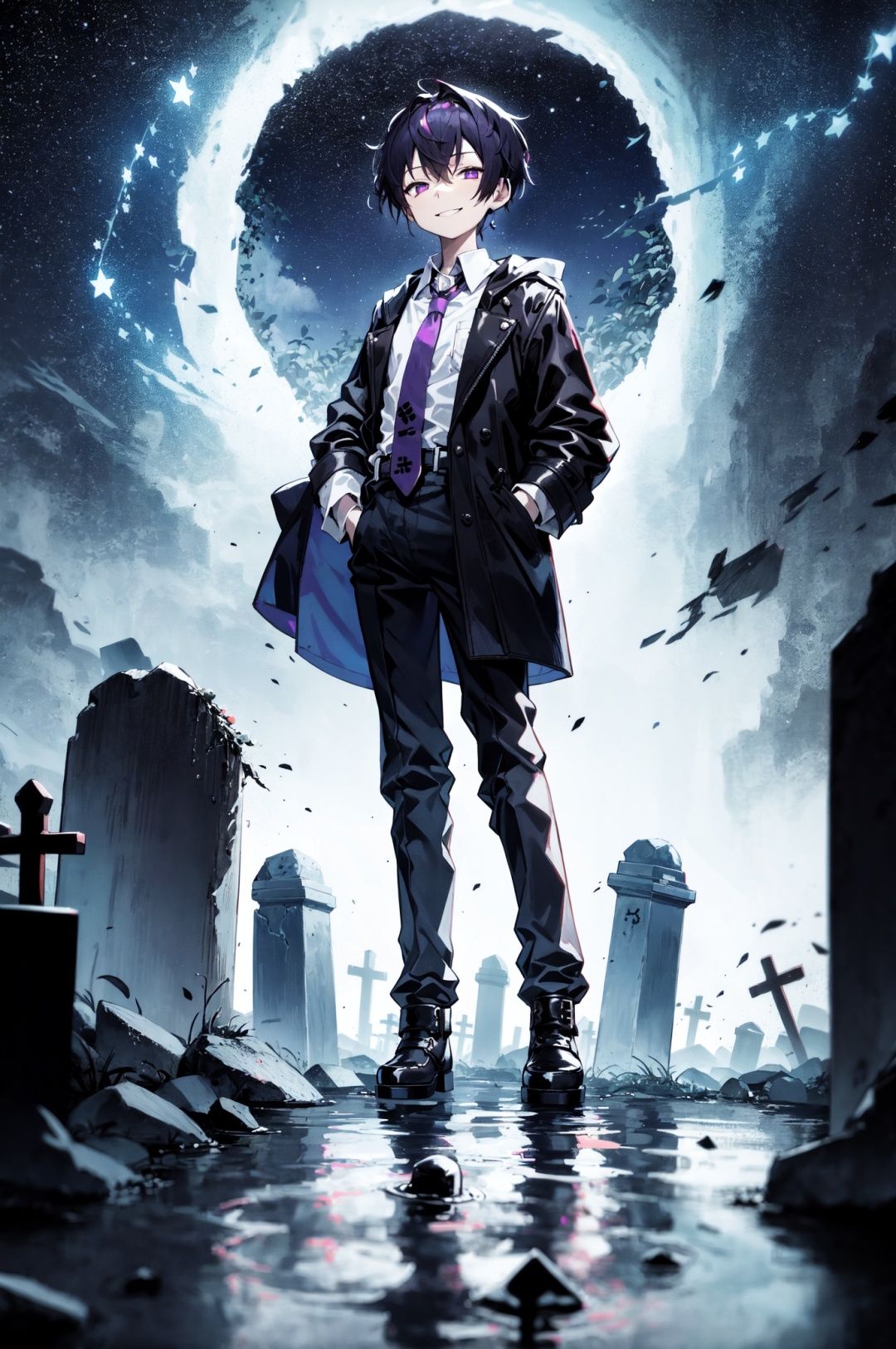 loli loli from front, face focus, midnight, night, cloudy sky,BREAK(boy focus),(1boy:1.45),aged down,(face to viewer and looking at viewer),asymmetrical bangs,(darkred purple starry eyes),(short purple flipped asymmetrical hair:1.2),one side hair pulled back,(naughty face:1.15),evil smile,leather gloves,(tomboy),white shirt,grey suspender pants,(black technical overcoat with purple line and necktie),long black boots,(stone lantern),hand in pocket,(standing in giant tombstones:1.2),BREAK[rubble and moss and little flowers everywhere],detialed broken graveyard background,the surface of the water reflected the bright stars,(prismatic), iridescent,<lora:Polychrome:0.1>,<lora:LAS:0.2>