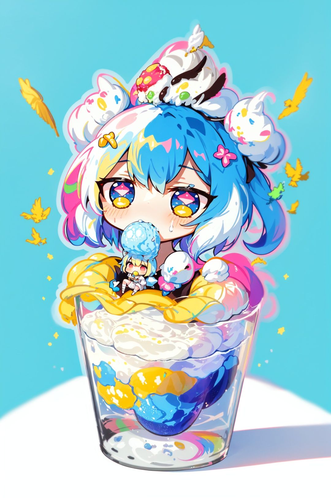 depth of field,(mid shot:0.95),Dynamic angle,(colorful:1.2),(1980s), colorful detialed cartoon style background,rough outline.//(1cute girl white chibi:1.35),surrounded by giant ice cream,  and colorful ice cream,((flying colorful birds)),birds,(multicolored:1.3),(honey),fantastical ice cream cone,flowers blossom.//(a cute white chibi girl in a giant ice cream:1.2),eating the ice cream,(multicolored:1.3),enjoying the moment.