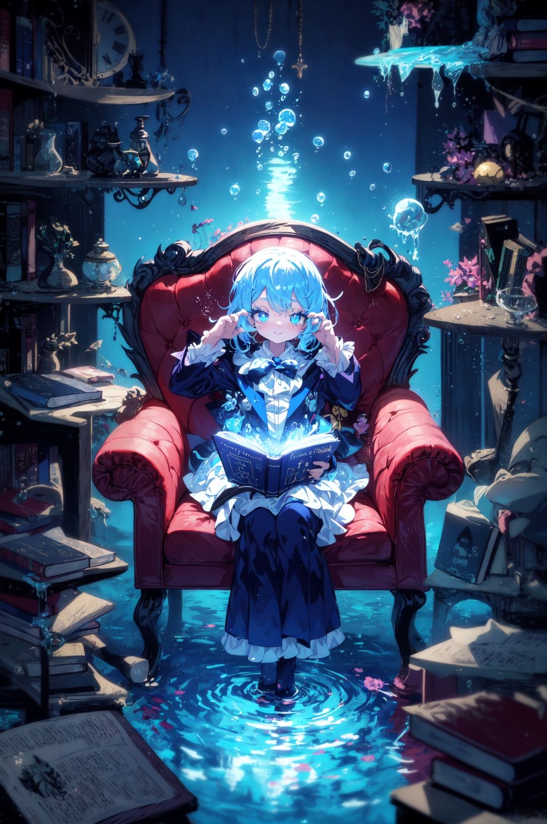 titlefont polychrome, glitch,//( in water,underwater:1.3),bubbles,loli,(cute anime style:1.25), solo,1girl, :3,magic girl, full body, blue hair, (blue colored eyelashes,flashing blue eyelashes:1.2), sleepy, faint smile, (smile:0.8), closed mouth, head down,sitting on armchair, looking at viewer,magician hood and top hat,magic book on knee, indoor, bookshelf,holy,(splashing water surrounded:1.15),magic clock,<lora:LAS:0.35>,<lora:glitch_3:0.05>, <lora:Polychrome:0.15>