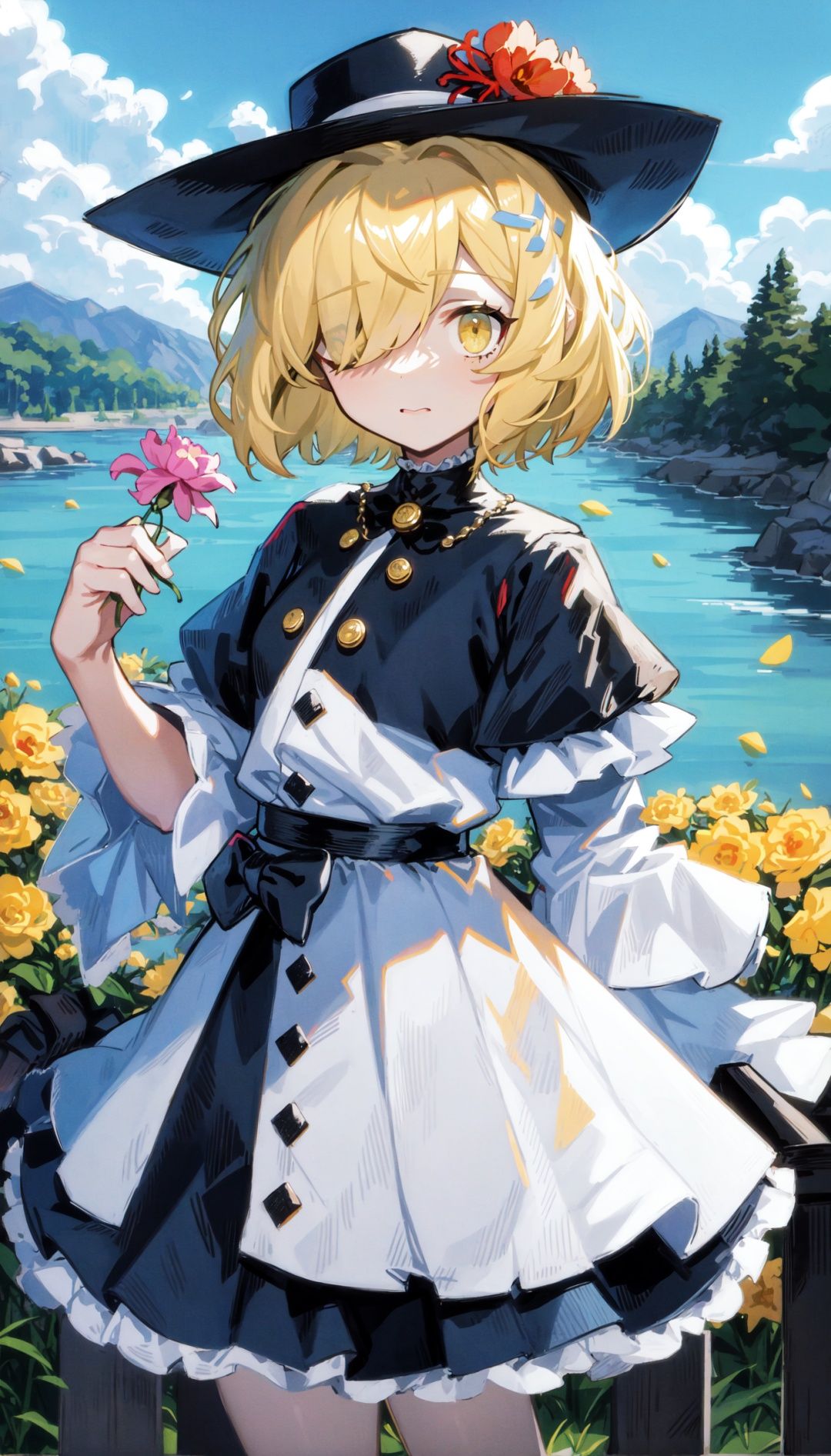 [mod::0], solo, 9-year-old girl, flaxen short hair (messy), (flat but not flat), ((blue:1.05) in grey) eye, covering one eye, [dre::0], jacquard weave (yellow carnation bloom) pattern frilled white chiffon dress, large hat, [pos::0], vivid,[stg::0], (riverbank:1.2), [stone bridge], [cam::0], cowboy shot,[eff::0], [idolmaster], by Gil Elvgren, 