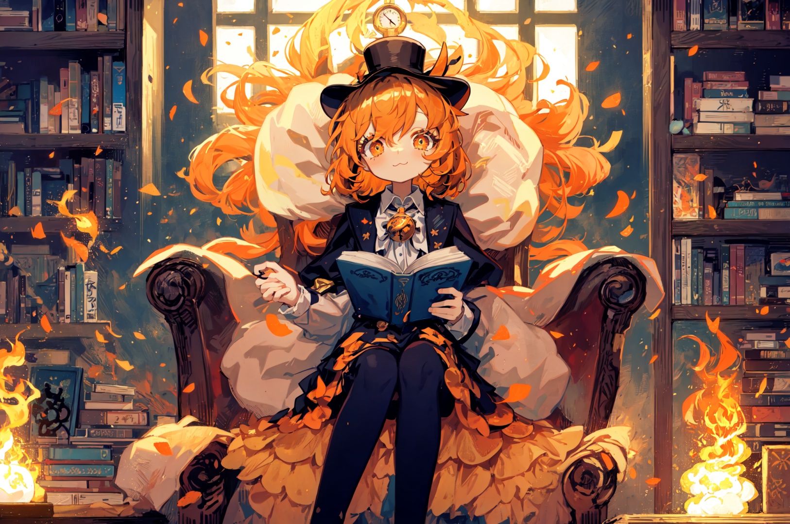 titlefont polychrome, glitch,loli,(cute anime style:1.25), solo,1girl, :3,magic girl, full body, orange hair, (orange colored eyelashes,flashing golden eyelashes:1.2), sleepy, faint smile, (smile:0.8), closed mouth, head down,sitting on armchair, looking at viewer,magician hood and top hat,magic book on knee, indoor, bookshelf,holy,(orange flame surrounded:1.15),magic clock,<lora:LAS:0.35>,<lora:glitch_3:0.05>, <lora:Polychrome:0.15>