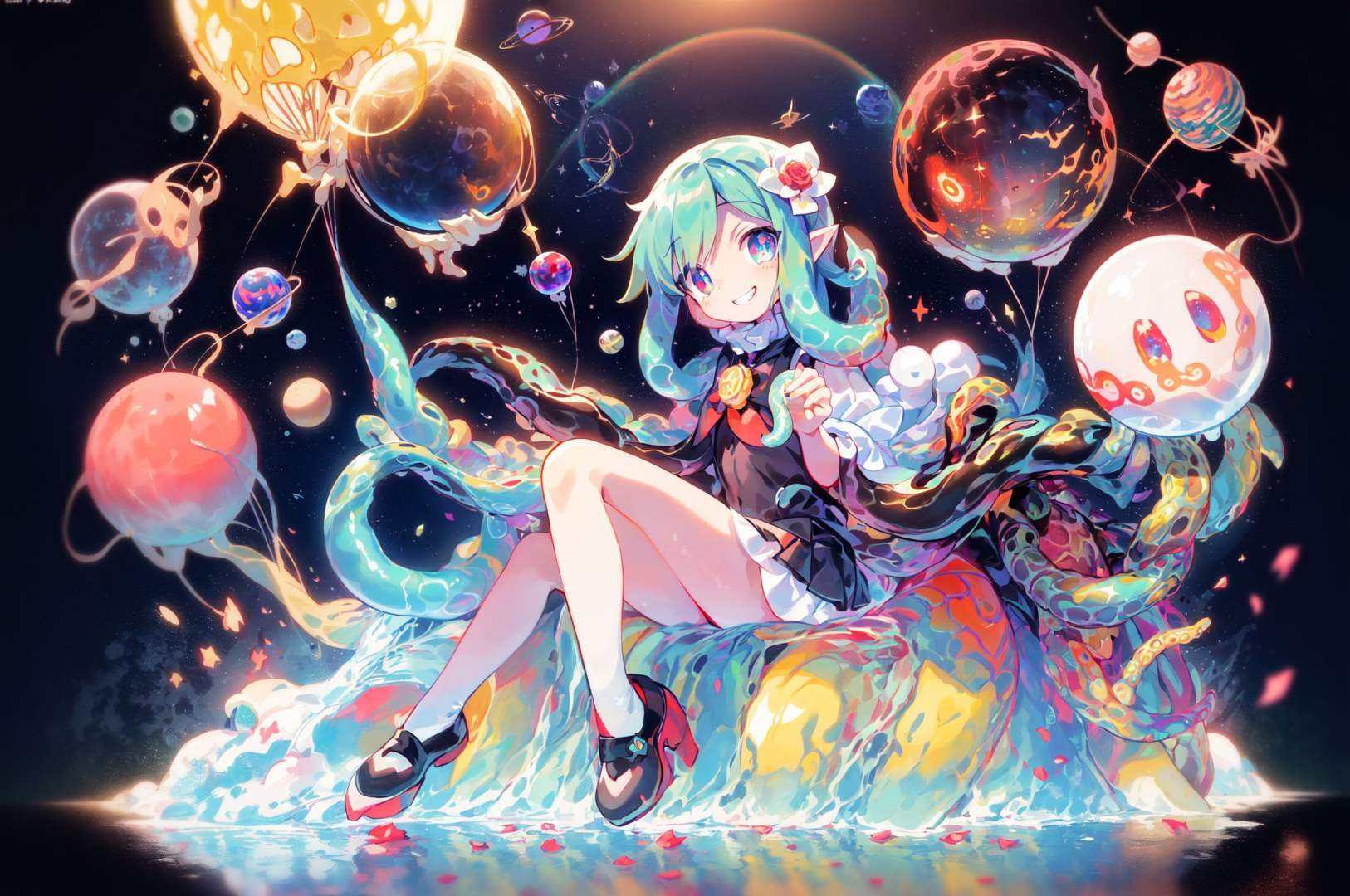 (loli:1.3)(loli,little girl:1.25), 1girl, full body,green hair, hair flower,starry sky ,original, (masterpiece), (illustration), (extremely fine and beautiful), perfect detailed, photorealistic, (beautiful and clear background:1.25),(backlight), (depth of field:0.7), (A planet (Surrounded by tentacles:1.2) Among the stars:1.1), (indescribable:1.35), (detailed eyes:1.3),((one girl)),(cute girl),(Tentacle hair),(purple eyes),evil grin,evil smile, Distorted, abyss,huge eyeballs,([balloons:Small glassball:0.4]:1.4), (Small planets inside of balloons:1.4), (lots of colorful Small planets:1.35)(colorful planets, earth, floating petals, big glassball:1.22),Asashio(kancolle)Full body, sitting, detailed beautiful eyes, bare legs, costume combination, Goddess, perfect body, [nsfw:0.88](sitting on ice planet:1.22)(flash, sparkle, diffraction spikes:1.25)//full moon, dusk, earth\(planet\), fireflies,full moon, galaxy, gradient sky, horizon, light particles,(planet),(reflection),skyline,space,sunset,water surface reflection,((colorful concentric circles behind)),(beautiful detailed colorful birds:1.1), rainbow lycoris radiata, (colorful rose),