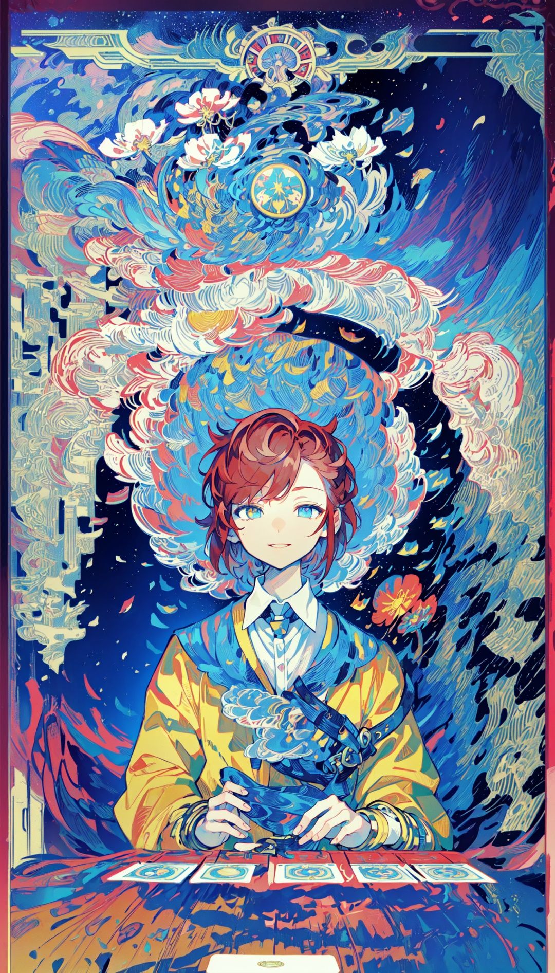 titlefont polychrome, glitch,//((masterpiece,extremely detailed CG unity 8k wallpaper,best quality,Amazing,finely detail)),(extremely delicate and beautiful),(art nouveau:1.7),(Alphonse Mucha),(flat color),(Tarot:1.4),(from side:0.9),medium size,(1boy:1.6),(mature male:1.2),(solo:1.4),blue eyes,one eye closed,detailed eyes,looking at viewer,(smile:1.2),(parted lips:0.75),(red hair:1.4),(short hair:1.3),wavy hair,(yellow collared jacket:1.4),(neon palette),(Surrounded by colorful cosmos:1.4),floating,(Fill the screen:1.3),border,//<lora:LAS:0.55>,<lora:glitch_3:0.05>, <lora:Polychrome:0.15>