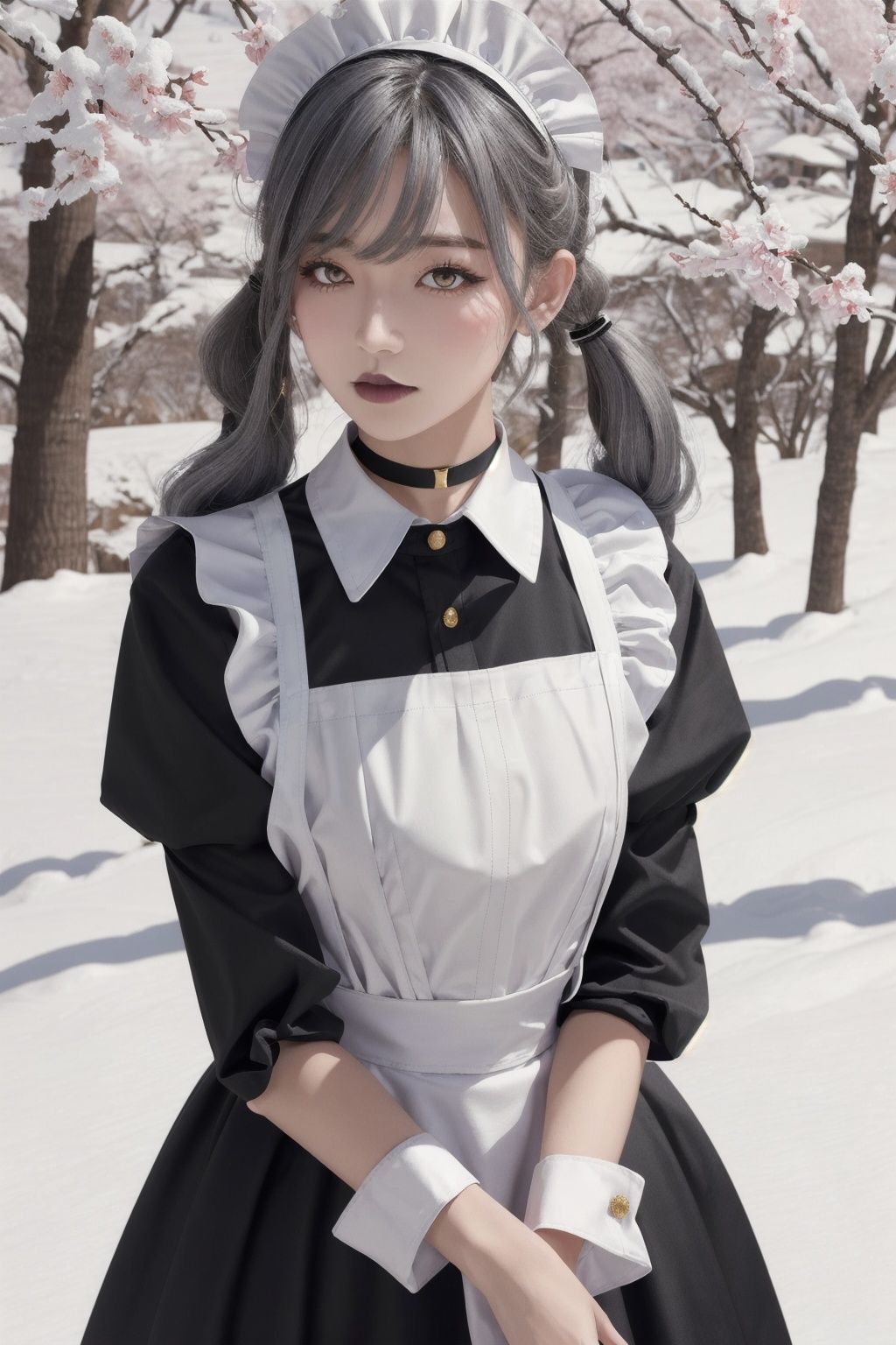 1girl, gray hair, tall, flat chest,neutral face, Delicate skin tone, black lips, low twintails, realistic, gold eyes,  black choker, maid headdress, maid apron, long sleeves, enmaided, black dress, puffy sleeves, collared dress, white apron, juliet sleeves, ascot, frilled apron, snow, sakura tree