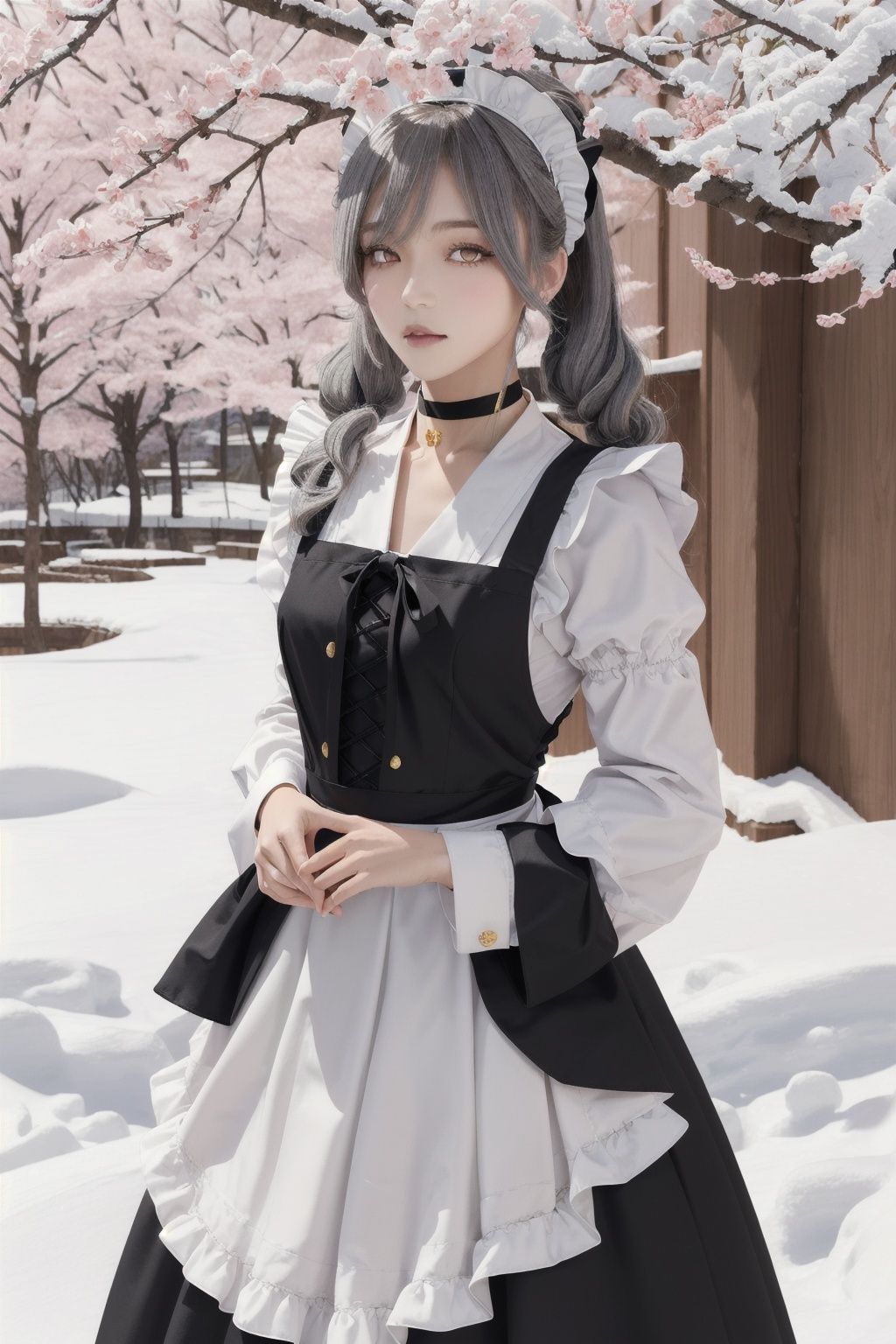 1girl, gray hair, tall, flat chest,neutral face, Delicate skin tone, black lips, low twintails, realistic, gold eyes,  black choker, maid headdress, maid apron, long sleeves, enmaided, black dress, puffy sleeves, collared dress, white apron, juliet sleeves, ascot, frilled apron, snow, sakura tree