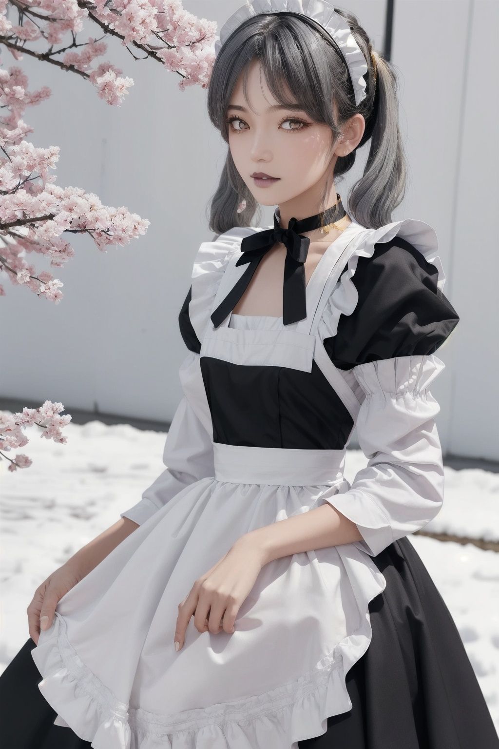 1girl, gray hair, tall, flat chest,neutral face, Delicate skin tone, black lips, low twintails, realistic, gold eyes,  black choker, maid headdress, maid apron, long sleeves, enmaided, black dress, puffy sleeves, collared dress, white apron, juliet sleeves, ascot, frilled apron, snow, sakura tree